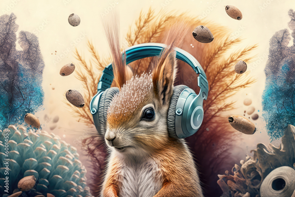 cute squirrel wearing headphone with fantasy background