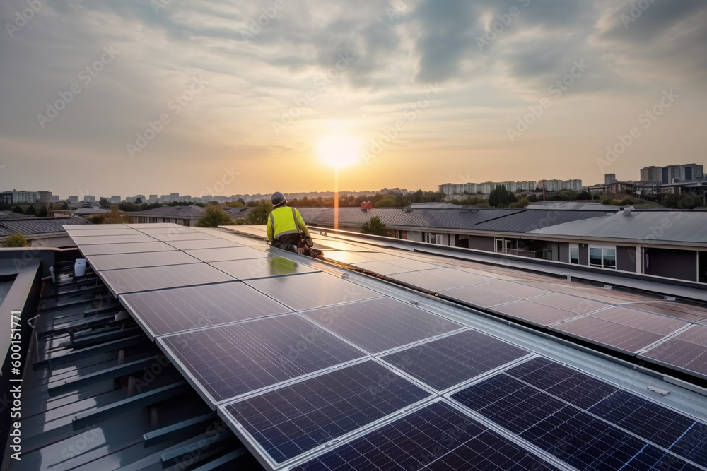 Technician engineer is installing solar panels on the house roof. Alternative energy. AI generative