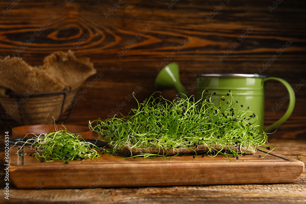 Board with fresh micro green on wooden background