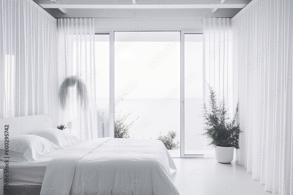 serene white bedroom with natural light pouring in from a large window and a cozy bed Generative AI