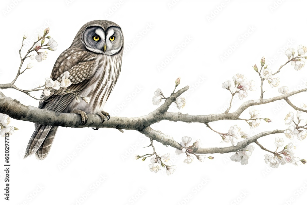 an owl perched on a blossoming tree branch Generative AI