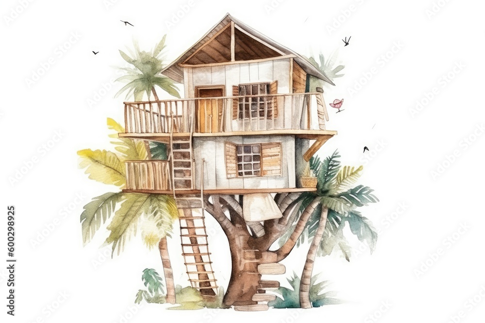 cozy tree house painted in watercolors Generative AI