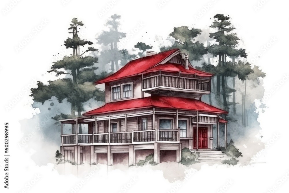 cozy cottage nestled among the trees in a watercolor painting Generative AI