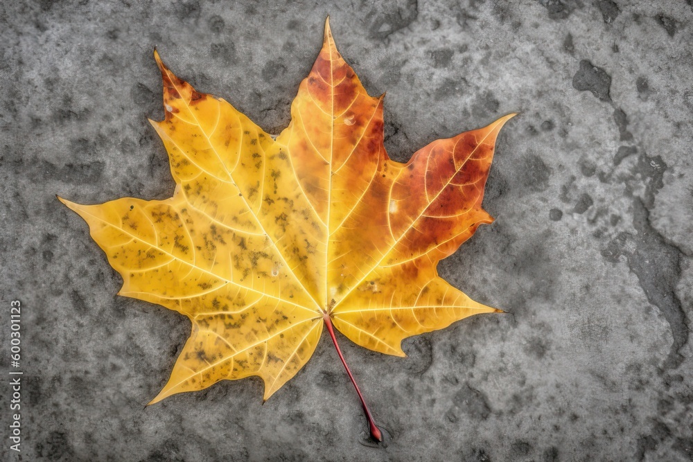 single autumn leaf resting on a concrete ground Generative AI