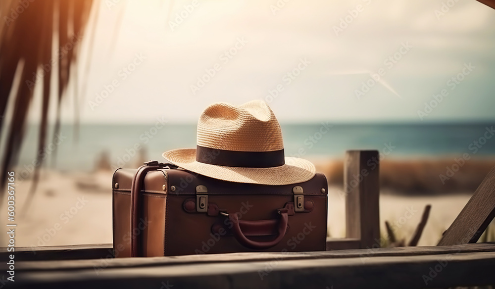 Suitcase, hat and accessories on the wooden floor with a sea background. Travel concept. Generative 