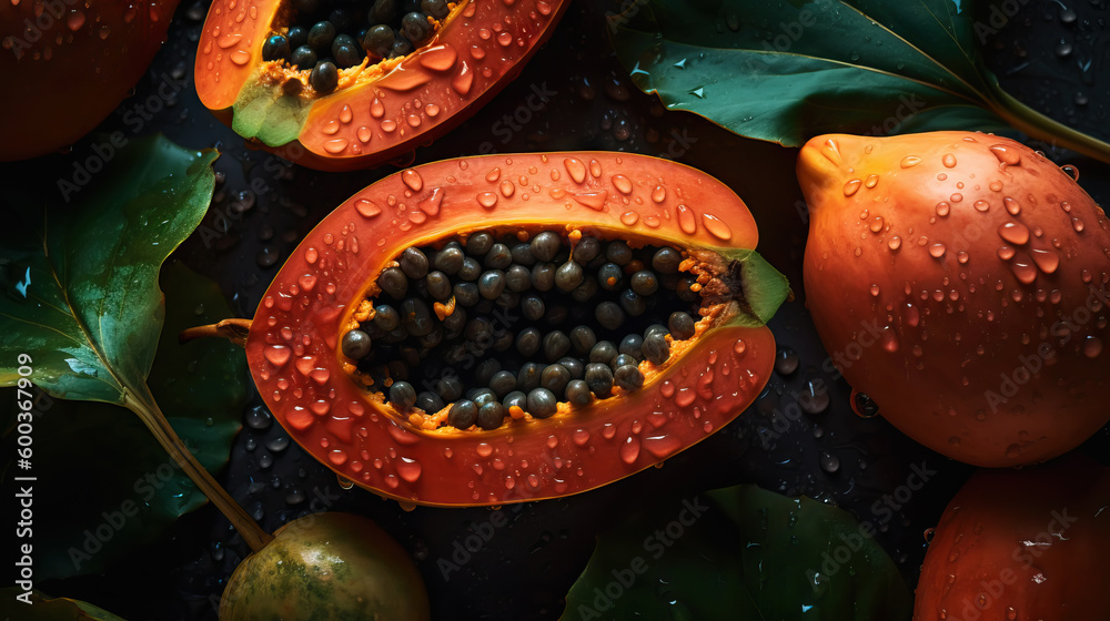 Fresh ripe papayas with water drops background. Fruits backdrop. Generative AI