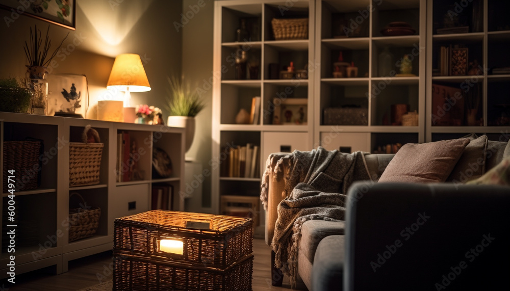 Comfortable armchair, illuminated by modern electric lamp generated by AI