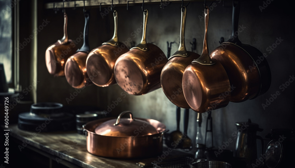 Copper ladle hangs on rustic kitchen wall generated by AI