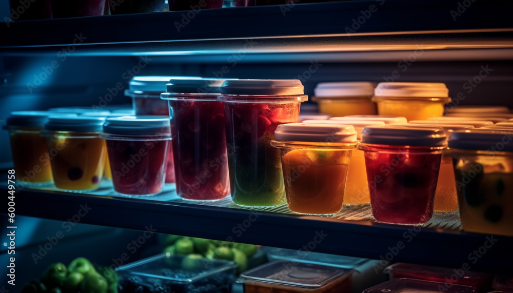 Fresh fruit cocktail in multi colored glass jar generated by AI