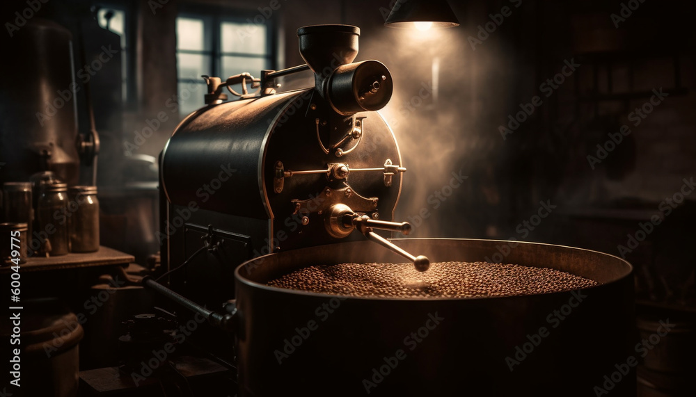 Freshly ground beans, steam, and metal machinery generated by AI