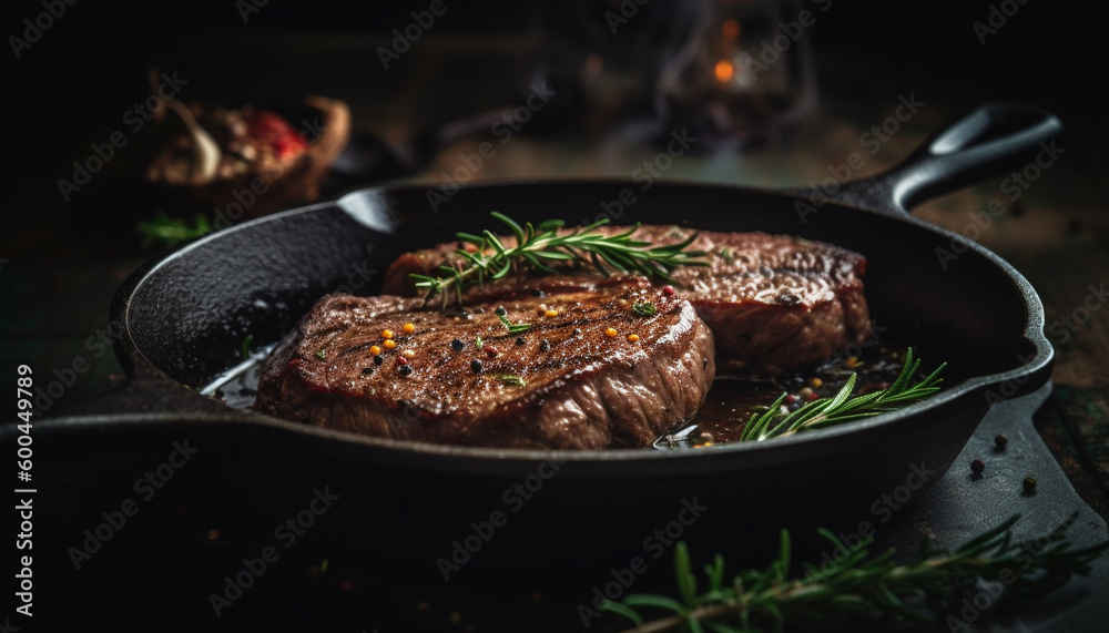 Grilled fillet, cooked rare, juicy sirloin steak generated by AI