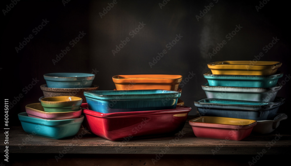 Multi colored crockery in a rustic wooden shelf generated by AI