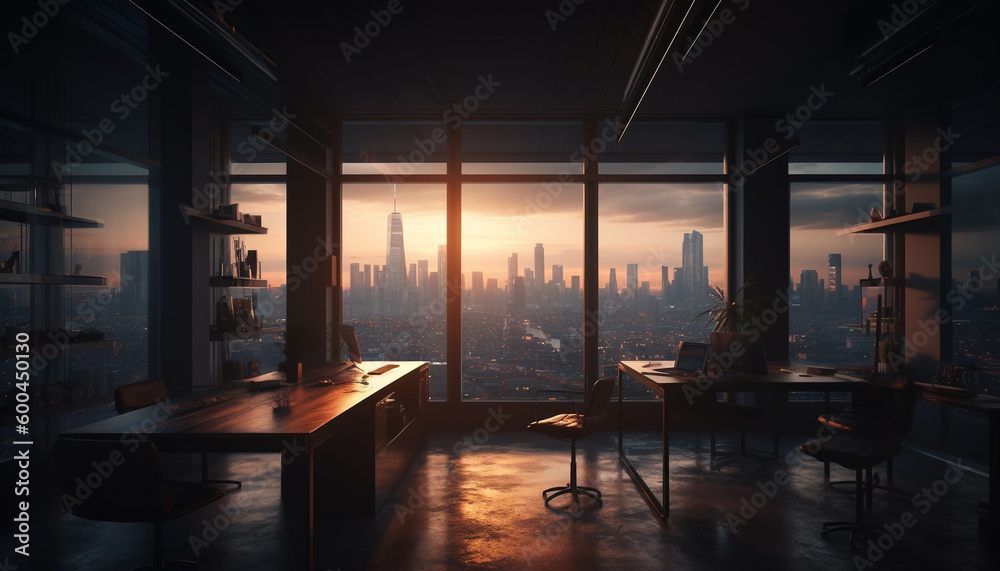 Modern loft apartment with panoramic cityscape view generated by AI