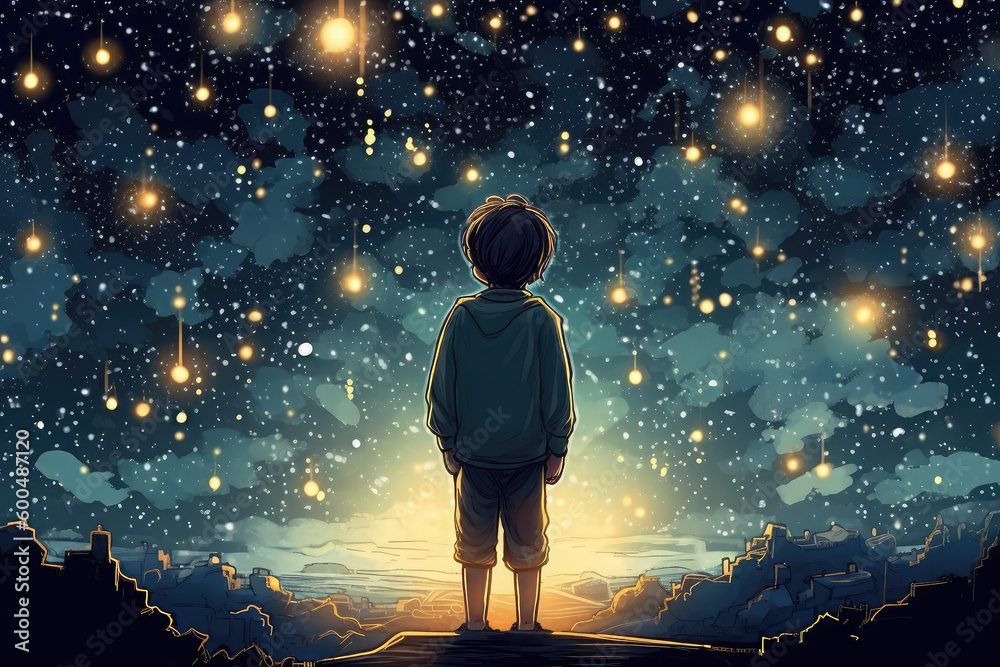 Little boy looking at the starry night sky