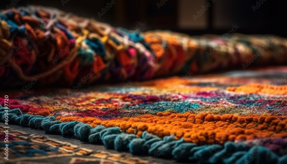 Woven wool rug with vibrant multi colored pattern generated by AI