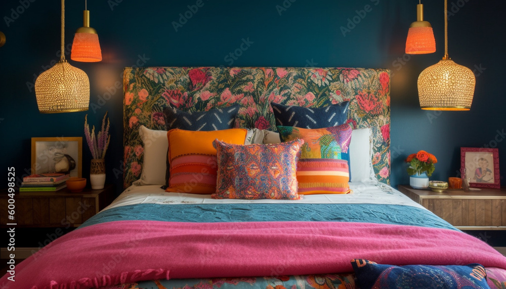 Comfortable modern bedroom with vibrant colored bedding generated by AI