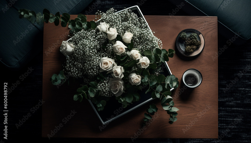 Rustic wood desk with modern flower arrangement generated by AI