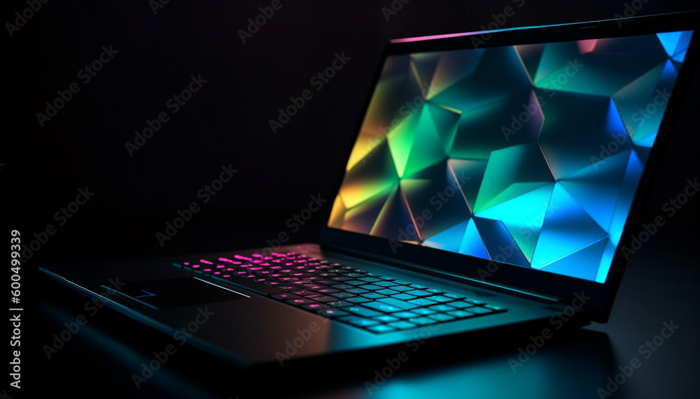 Modern laptop glows with vibrant digital display generated by AI