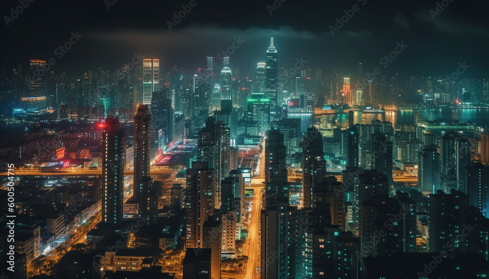 Glowing skyscrapers illuminate the modern city skyline generated by AI