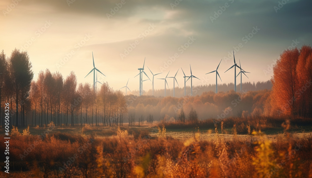 Wind turbines spinning, powering farm with sustainable energy generated by AI