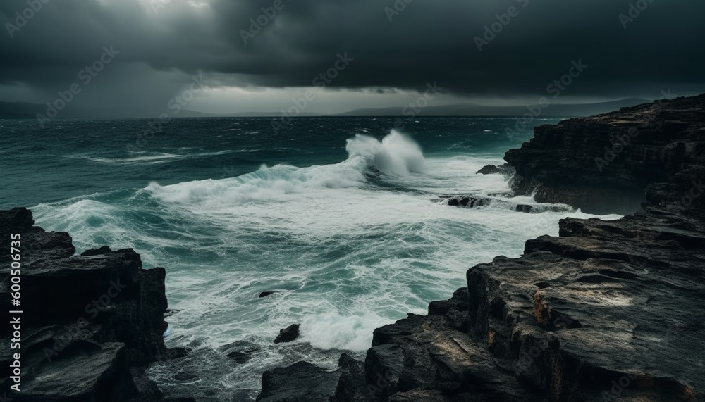 Dramatic sky, rough surf, crashing waves at dusk generated by AI