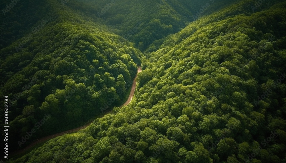 High up, drone captures tranquil mountain meadow generated by AI