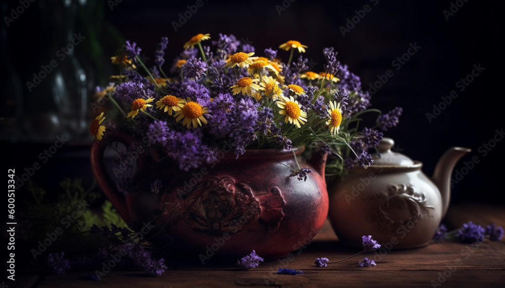 Purple wildflowers in old fashioned clay vase generated by AI