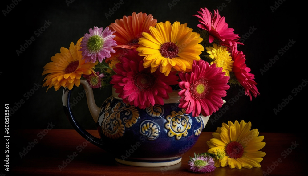 Yellow gerbera daisy in vase on table generated by AI