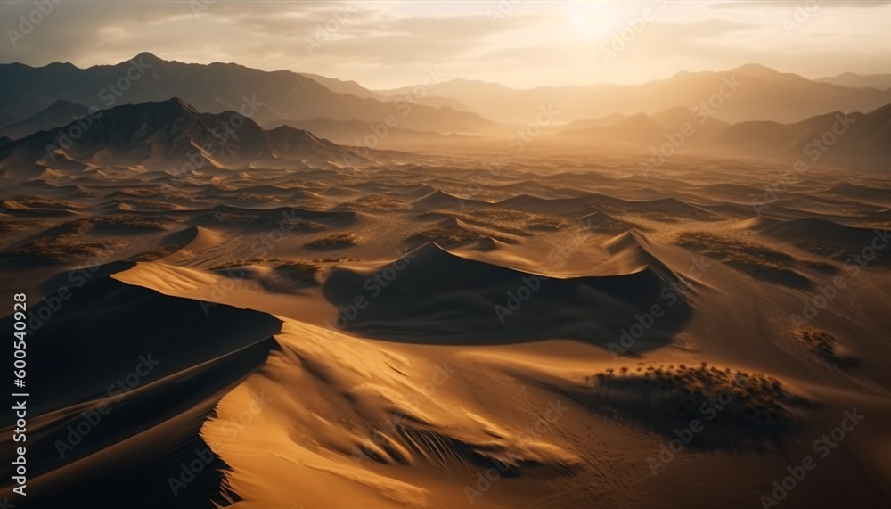 Rippled sand dunes shadow majestic mountain range generated by AI