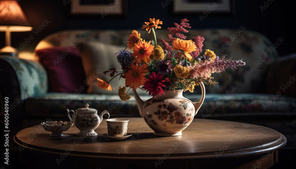 vase with flowers and tea utensils generated by AI