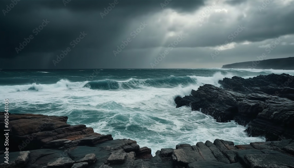 Rough seas crash against rocky cliff edge generated by AI