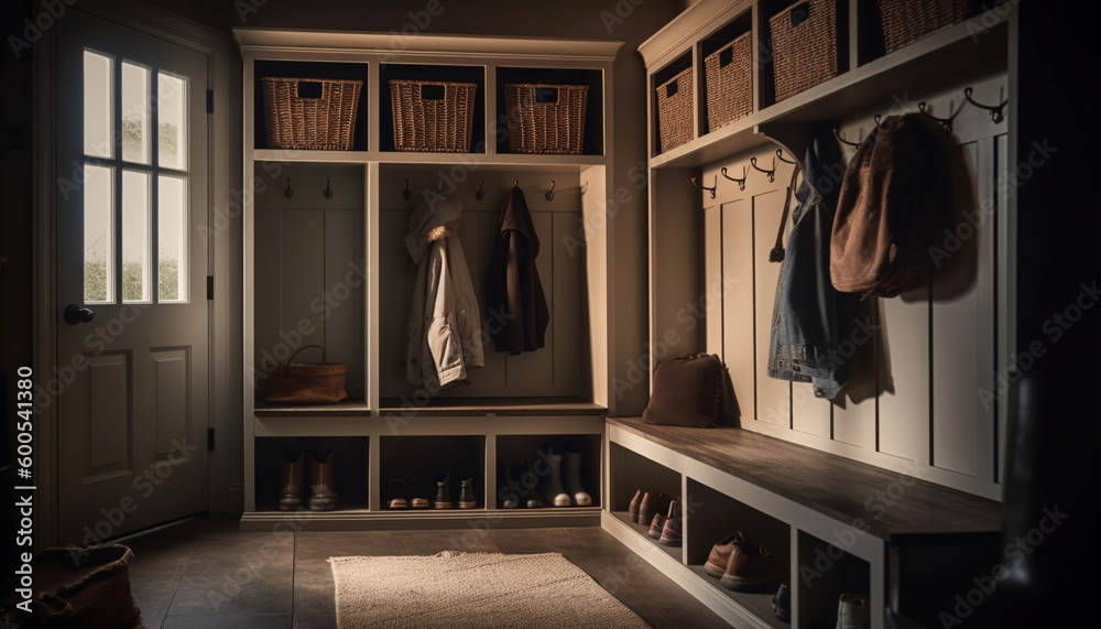 Fashionable clothing collection on elegant wooden shelves generated by AI