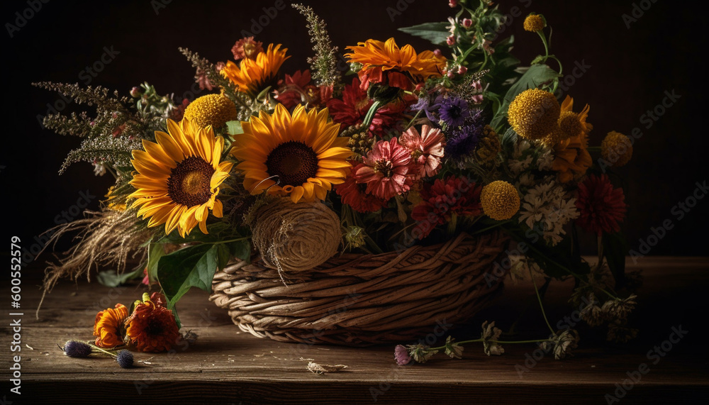 Rustic bouquet of sunflowers, autumn leaves, and daisies generated by AI