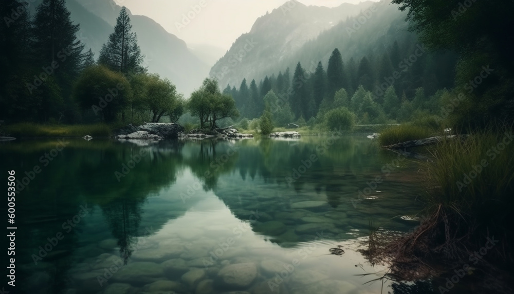 Tranquil scene of mountain reflection in water generated by AI