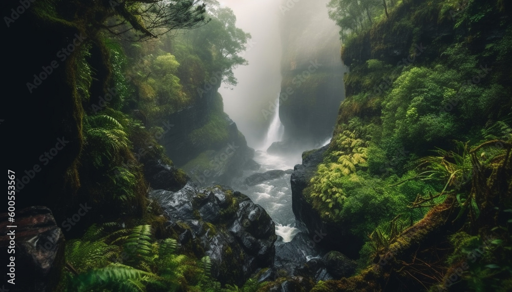 Majestic mountain range, tranquil scene, flowing water generated by AI