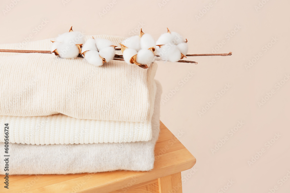 Chair with beautiful sweaters and cotton branch near beige wall in room, closeup