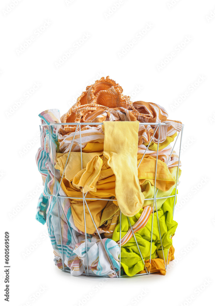 Basket with dirty clothes on white background