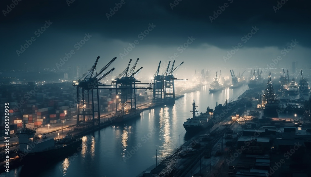 Container ship unloading cargo at commercial dock generated by AI