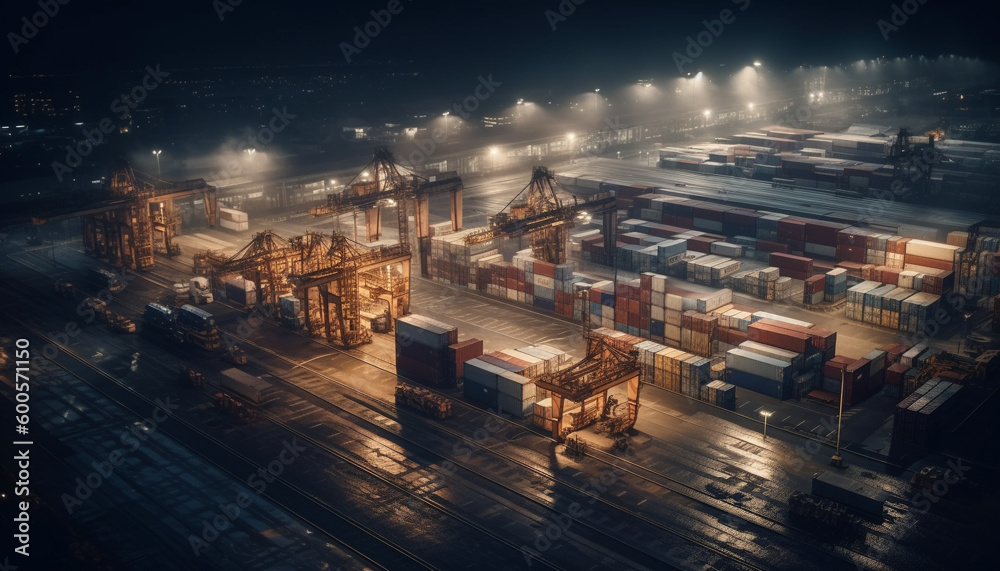 Container ship unloading at commercial dock at dusk generated by AI