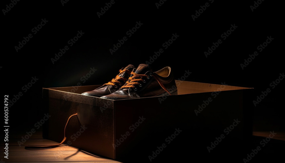 Black leather sports shoe on wooden table generated by AI