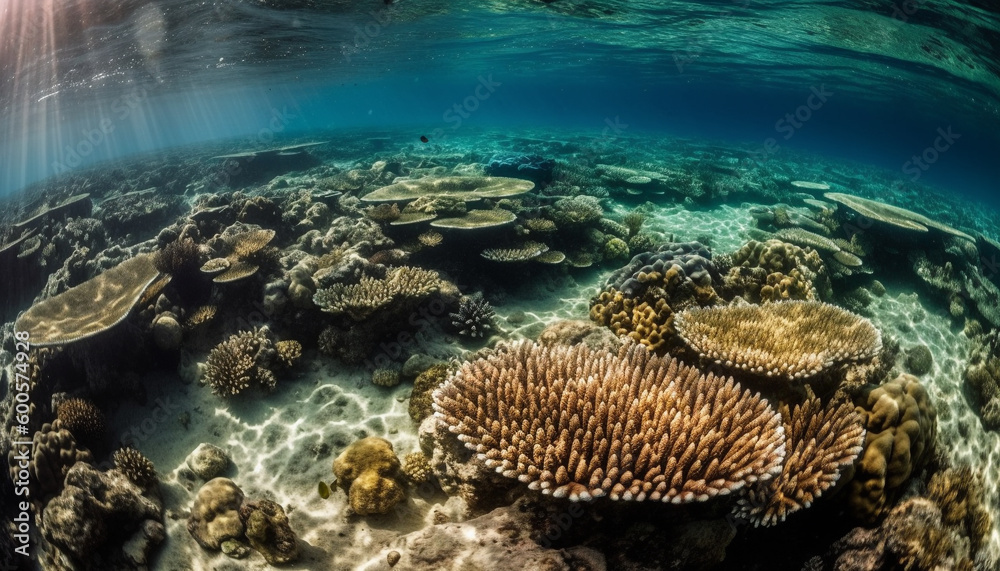 School of fish swim in colorful reef generated by AI