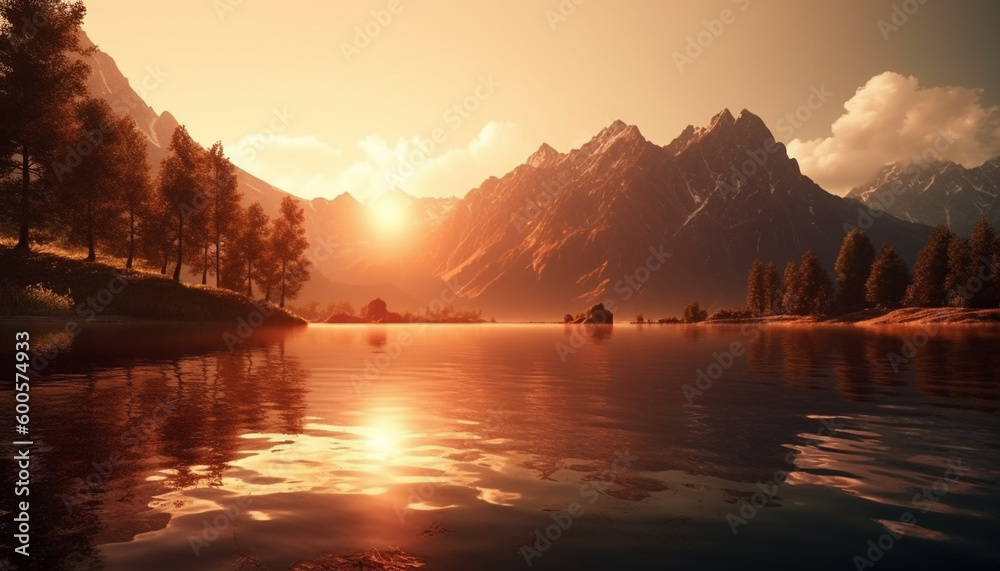 Majestic mountain range reflects tranquil sunset beauty generated by AI