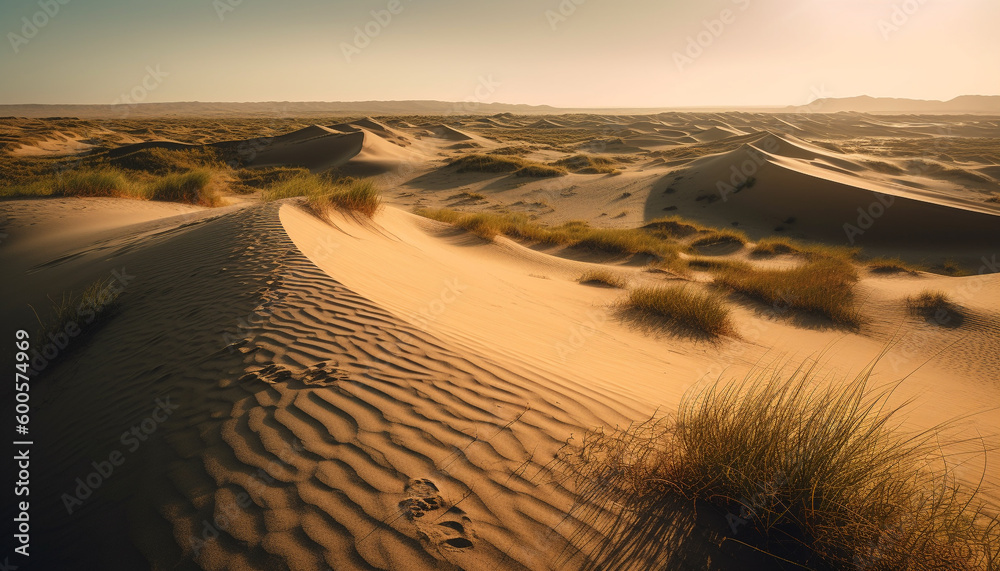 Rippled sand dunes in arid Africa at sunset generated by AI