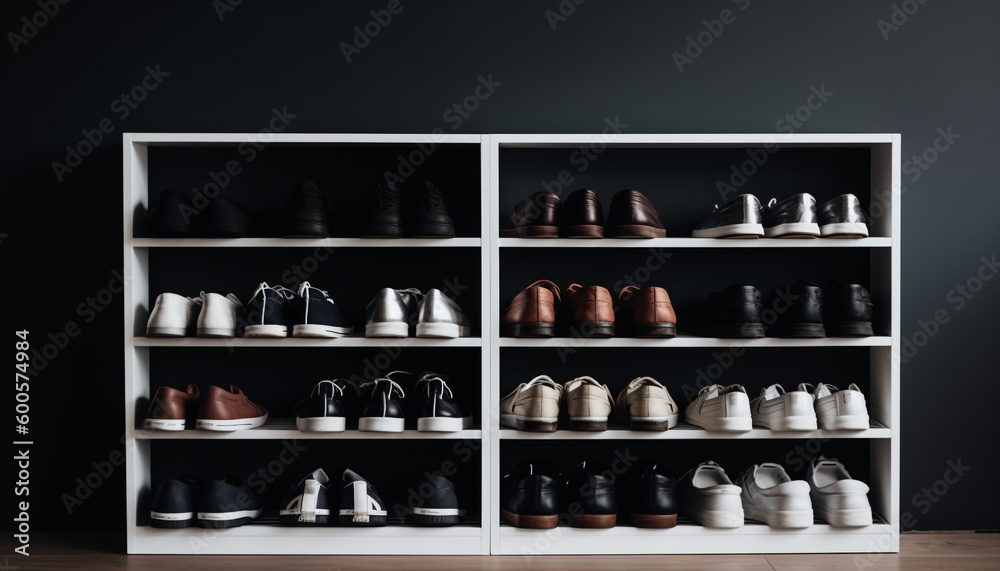 Luxury leather shoe collection on modern shelf generated by AI