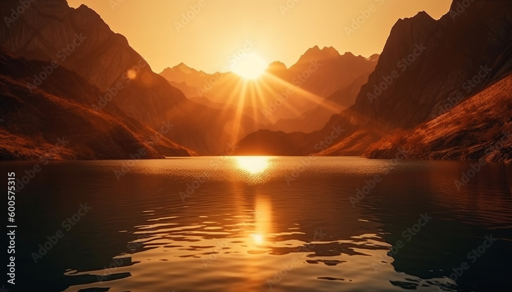 Majestic mountain range reflects tranquil sunset beauty generated by AI