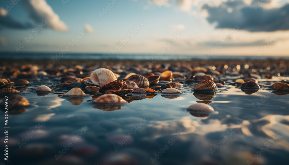 Sunset over tranquil waters, seashell and pebble generated by AI