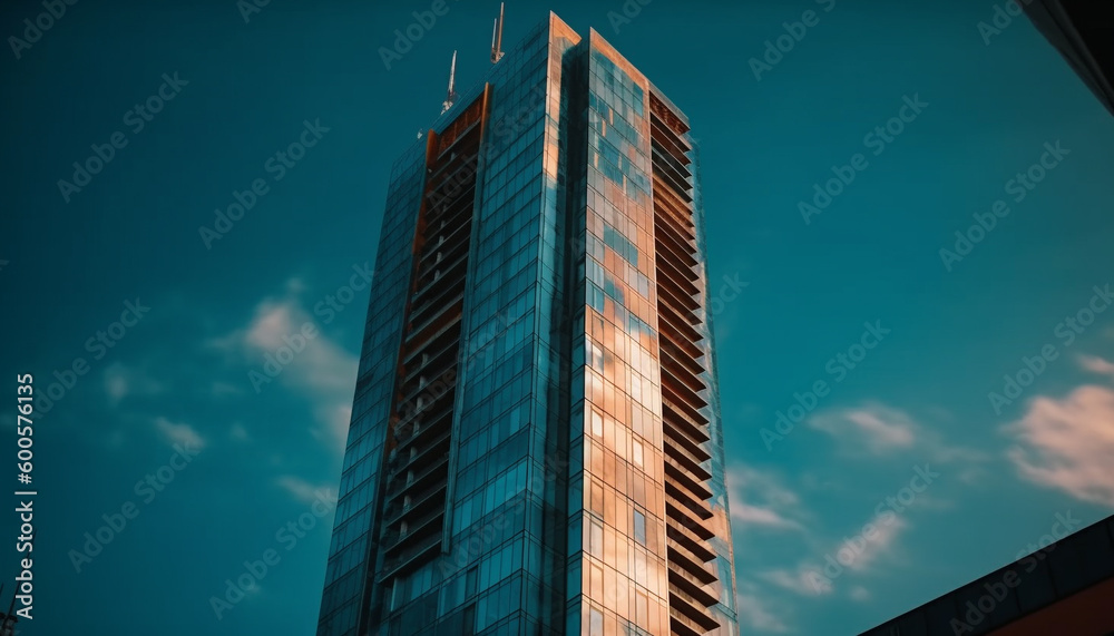 Tall steel skyscraper reflects modern city life success generated by AI