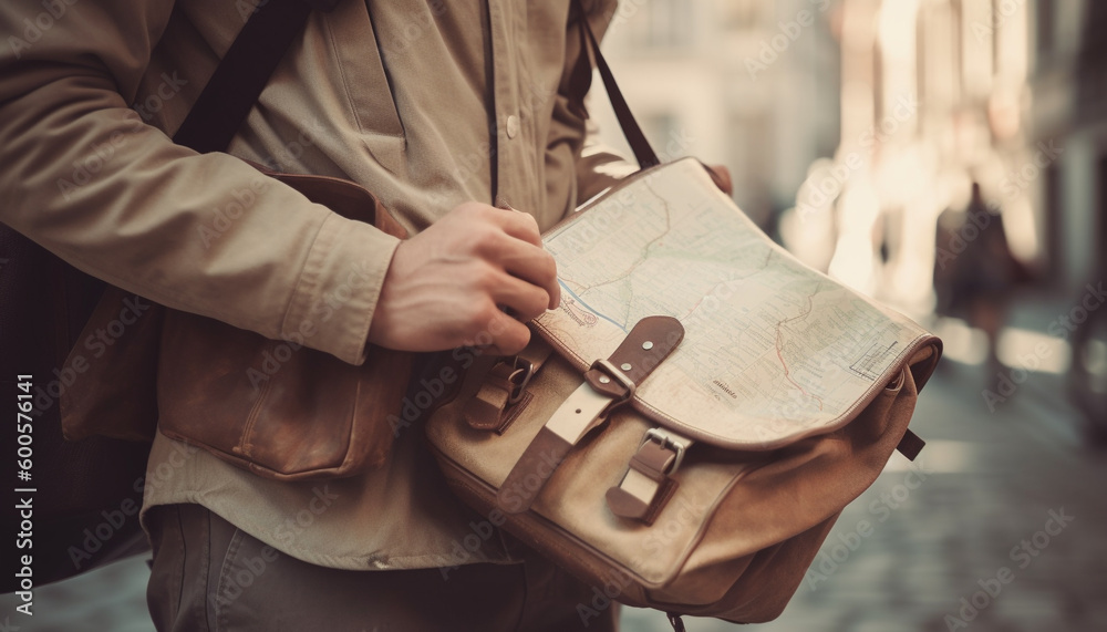 Young adult businessman walking with leather backpack generated by AI