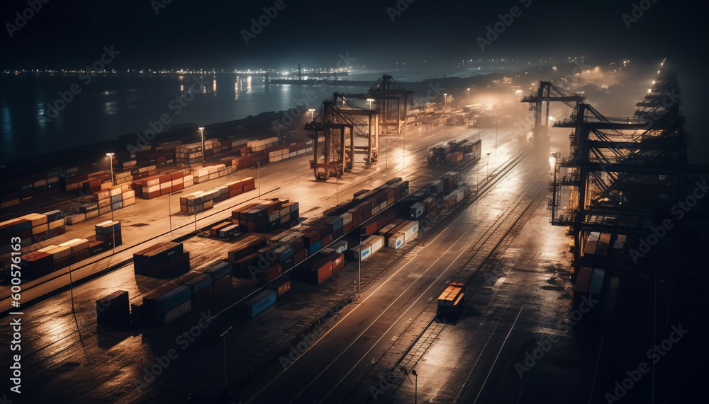 Steel cargo containers delivering freight at dusk generated by AI