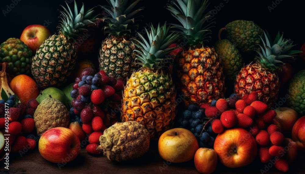 Vibrant collection of ripe tropical fruit abundance generated by AI